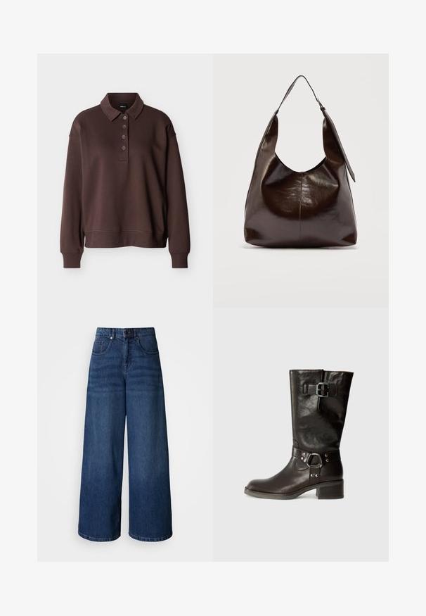Bruine lange mouwen polo met vier knopen, geribbelde manchetten en een geribbelde zoom tegen een effen witte achtergrond.; Donkere blauwe denim jeans met wijde pijpen en een hoge taille, voorzien van voorzakken en een knoopsluiting, gemaakt van zachte, gestructureerde stof.; Bruine leren kniehoge laars met een ronde neus, een detailsluiting aan de zijkant en een chunkyzool. Gladde textuur met metallic accenten op de band.; Donkerbruine glanzende leren schoudertas met een enkele brede riem en gespsdetail aan één kant, tegen een effen lichte achtergrond.