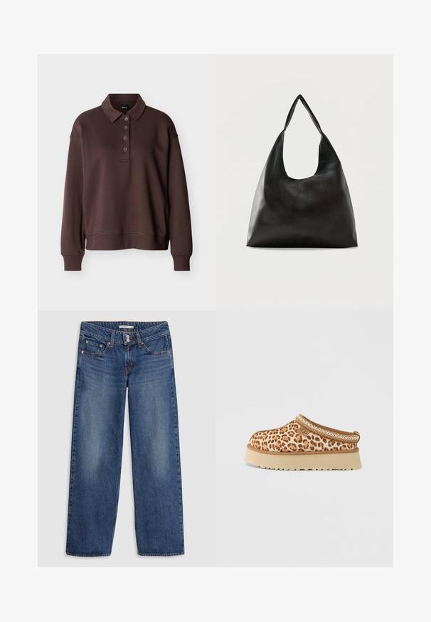 Brun langermet poloshirt med fire knapper, ribbestrikkede mansjetter og ribbestrikket kant mot en ensfarget hvit bakgrunn.; Blå denim vide bukser med knaplukning, fem-lommer design, let falmning over lårene, og syninger som detaljer på sømmene.; Lav hæl slip-on sko med leopardmønstret overdel, beige såle, sydd kant og UGG-logo på siden.; Sorth glatt lær skulderveske med bred, enkelt reim og en slapp, minimalistisk design mot en ensfarget bakgrunn.