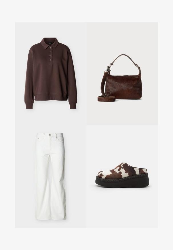 Brun langærmet poloshirt med fire knapper, ribstrikkede ærmeender og ribstrikket kant mod en ensfarvet hvid baggrund.; Hvide jeans med høj talje og lige ben, med forreste knap, lynlåslukning samt sidelommer og baglommer, mod en ensartet lys baggrund.; Brune og hvide ko-print platform-træsko med en blød overdel, rund tå og en holdbar sort gummisål. Sømløs detaljering ved bunden.; Brun læder håndtaske med en blød, tekstureret pelslignende overflade, slank design, en kort hank og en aftagelig strop.