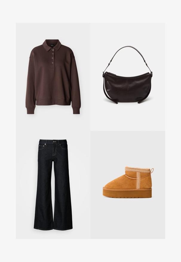 Polo marron à manches longues avec quatre boutons, poignets côtelés et ourlet côtelé sur un fond blanc uni.; Jean en denim foncé à jambes larges avec une taille haute, un design à cinq poches et une couture contrastée jaune le long des coutures.; Bottine en daim beige avec semelle en caoutchouc épaisse, coutures décoratives, tirette en boucle et doublure moelleuse visible au bord supérieur.; Sac à épaule en cuir marron foncé avec une forme courbe, texture lisse et une seule sangle réglable. Doté d'une fermeture éclair.