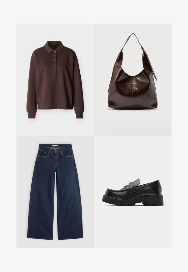 Brun langærmet poloshirt med fire knapper, ribstrikkede ærmeender og ribstrikket kant mod en ensfarvet hvid baggrund.; Mørkeblå vidde cowboybukser med forlommer, bæltestropper og knaplukning, vist fladt på en lys baggrund.; Sorte læder loafers med en chunky tekstureret sål, der har en rem over vamps og en glat, poleret finish.; Mørkebrunt, skinnende læder skuldertaske med en enkelt bred rem og spændedetalje på den ene side, sat mod en ensartet lys baggrund.