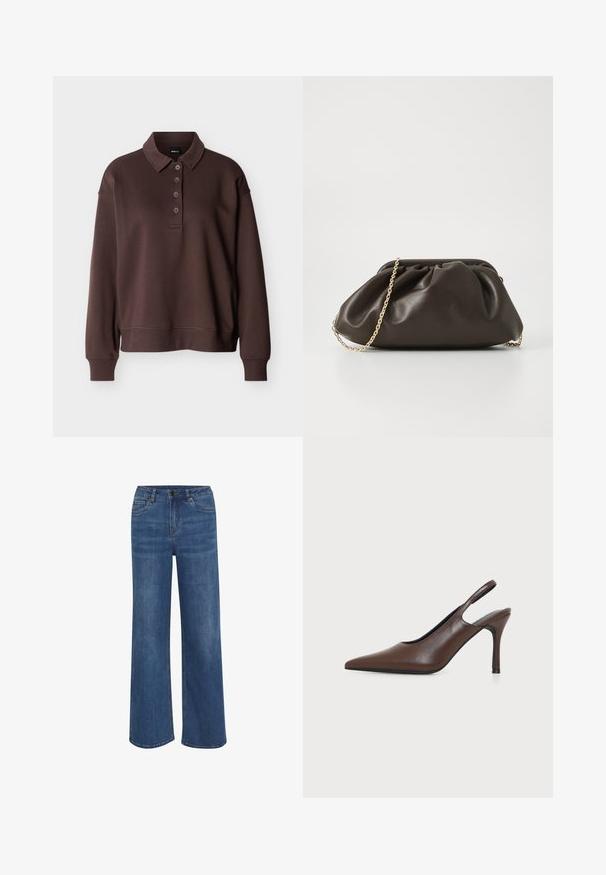 Bruine lange mouwen polo met vier knopen, geribbelde manchetten en een geribbelde zoom tegen een effen witte achtergrond.; Wijduitlopende jeans van middelblauwe denim. Voorzien van een knoop- en ritssluiting, vijf zakken en subtiele vervaging op de stof.; Bruine leren slingback pumps met spitse neus en dunne naaldhak op een effen lichte achtergrond.; Bruine leren handtas met een geaccentueerd ontwerp, gouden kettinghengsel en een zachte, textuurafwerking. Compacte vorm geschikt voor avondgebruik.