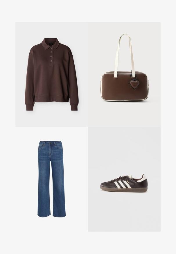 Bruine lange mouwen polo met vier knopen, geribbelde manchetten en een geribbelde zoom tegen een effen witte achtergrond.; Wijduitlopende jeans van middelblauwe denim. Voorzien van een knoop- en ritssluiting, vijf zakken en subtiele vervaging op de stof.; Donkerbruine leren sneakers met een wit drie-strepen ontwerp, een rubberen zool en "Samba" in gouden letters aan de zijkant. Klassieke lage schoenvorm.; Bruine handtas van imitatieleer met witte biezen, rechthoekige vorm, korte handvatten en een decoratief hartvormig label eraan bevestigd.