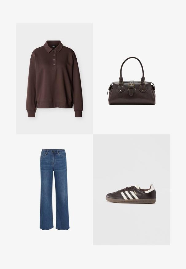 Bruine lange mouwen polo met vier knopen, geribbelde manchetten en een geribbelde zoom tegen een effen witte achtergrond.; Wijduitlopende jeans van middelblauwe denim. Voorzien van een knoop- en ritssluiting, vijf zakken en subtiele vervaging op de stof.; Donkerbruine leren sneakers met een wit drie-strepen ontwerp, een rubberen zool en "Samba" in gouden letters aan de zijkant. Klassieke lage schoenvorm.; Donkerbruine leren handtas met twee handvatten, een centrale gespband en gouden metalen details.