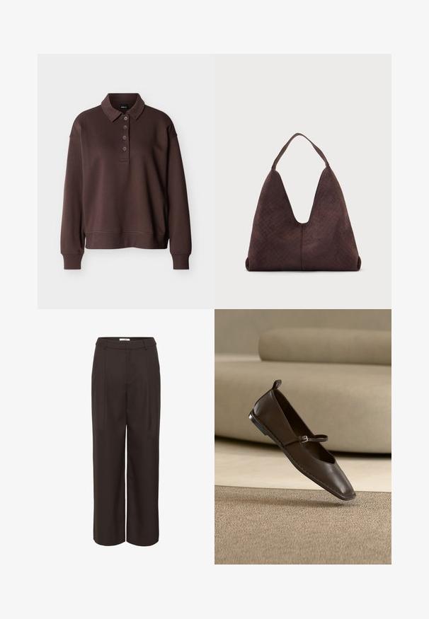 Brun langærmet poloshirt med fire knapper, ribstrikkede ærmeender og ribstrikket kant mod en ensfarvet hvid baggrund.; Brune vide ben bukser lavet af et glat stof. Har en høj talje, frontplisseringer og sidelommer for funktionalitet.; Mørkebrune læder Mary Jane flade sko med en lille spænde, placeret opret på et beige tæppe foran en lysefarvet sofa.; Stor brun læderhåndtaske med vævet struktur og en enkelt skulderrem, vist mod en ensartet lys baggrund.