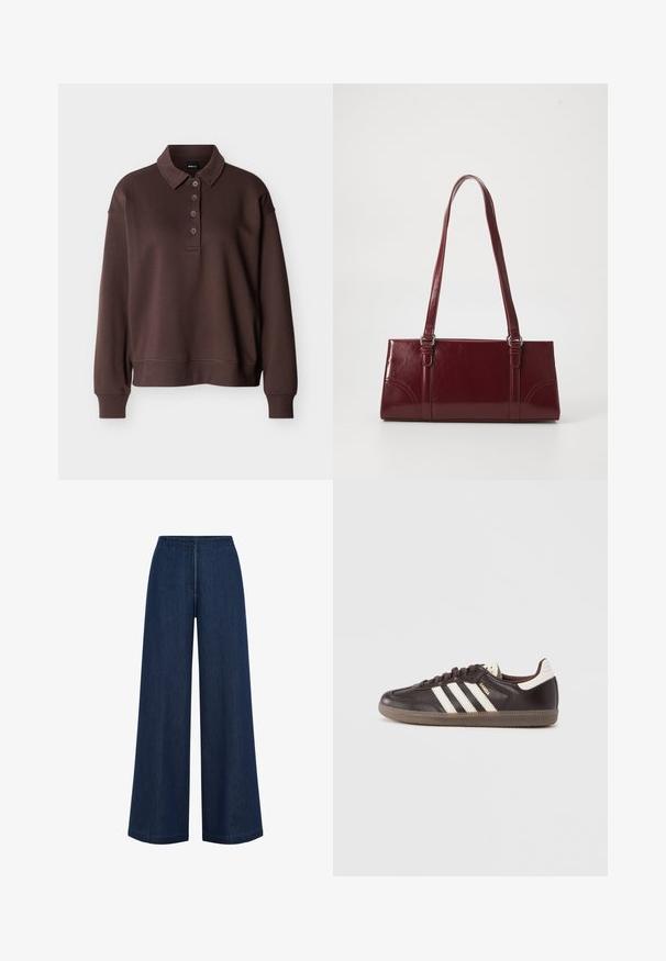 Bruine lange mouwen polo met vier knopen, geribbelde manchetten en een geribbelde zoom tegen een effen witte achtergrond.; Brede donkerblauwe jeans met een rechte snit, gemaakt van denim. Heeft een hoge tailleband en subtiele naden. Geen zichtbare hardware.; Donkerbruine leren sneakers met een wit drie-strepen ontwerp, een rubberen zool en "Samba" in gouden letters aan de zijkant. Klassieke lage schoenvorm.; Bourgondische handtas van glanzend materiaal, rechthoekige vorm, met twee schouderbanden en subtiele gebogen accenten aan de voorkant.