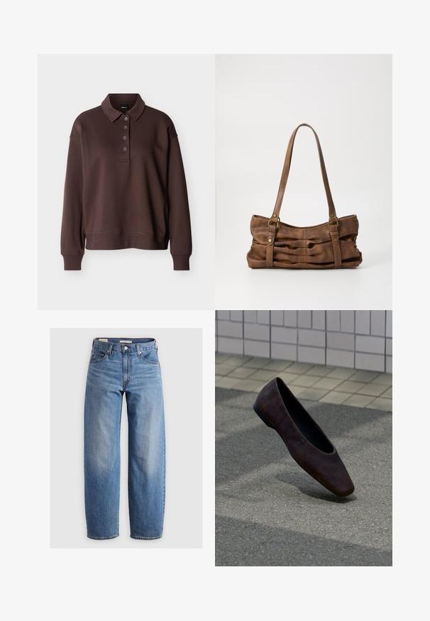 Brun langærmet poloshirt med fire knapper, ribstrikkede ærmeender og ribstrikket kant mod en ensfarvet hvid baggrund.; Lysblå lige ben jeans lavet af denim. Har et klassisk fem-lomme design og subtile falmede områder langs benene.; Enkelt mørkebrun flad sko svævende over tekstureret jord med baggrund af flisebelagt væg.; Even&Odd Håndtasker - brown