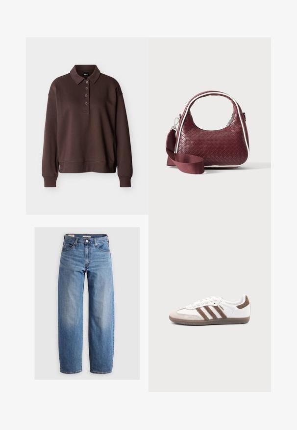 Braunes Langarm-Poloshirt mit vier Knöpfen, gerippten Bündchen und einem gerippten Saum vor einem schlichten weißen Hintergrund.; Helleblaue, gerade geschnittene Jeans aus Denim. Merkmale ein klassisches Fünf-Taschen-Design und dezente Ausbleichungen entlang der Beine.; Weißer Adidas Samba Sneaker mit braunen Wildlederstreifen, brauner Gummisohle und beiger Wildlederkappe, von der Außenseite auf schlichtem Hintergrund gezeigt.; Dunkelrote gewebte Ledertasche mit gebogenem Griff, weißem Besatz, silbernem Reißverschluss und abnehmbarem breitem Stoff-Schulterriemen vor einfarbigem Hintergrund.