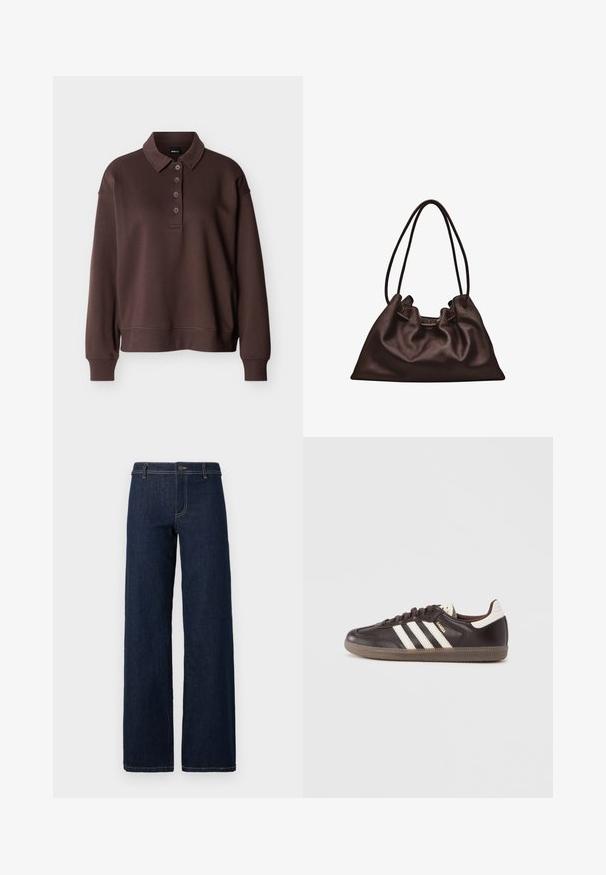 Brun langærmet poloshirt med fire knapper, ribstrikkede ærmeender og ribstrikket kant mod en ensfarvet hvid baggrund.; Bredde ben mørk vaskede jeans med et klassisk fem-lomme design, lavet af denim, med guldtråd og en knaplukning i taljen.; Mørkebrune lædersneakers med hvidt tre-stribet design, en gummisål og "Samba" i gyldne bogstaver på siden. Klassisk lavtopform.; Blød mørkebrun læderhåndtaske med en slasket form og to tynde skulderstropper mod en hvid baggrund.