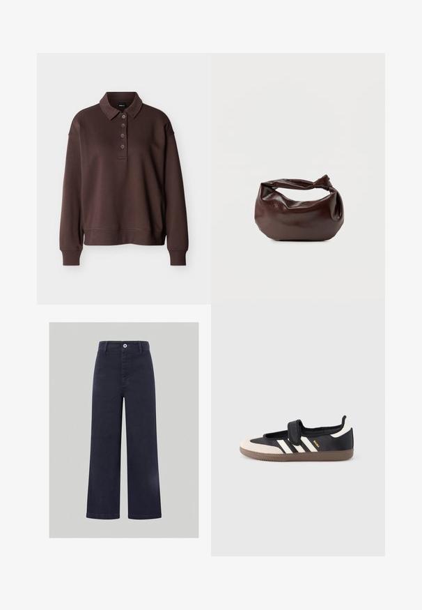 Brun langærmet poloshirt med fire knapper, ribstrikkede ærmeender og ribstrikket kant mod en ensfarvet hvid baggrund.; Bredde ben navy bukser lavet af en glat bomuldsblanding, med en frontknaplukning og syede detaljer langs taljen og lommerne.; Sort og beige sko med velcrolukning, tre hvide striber på siden og en tekstureret brun gummisål. Mærkelogo er synligt.; Mørkebrun læder skuldertaske med en blød, afslappet form og et snoet knudehåndtag på en ensartet hvid baggrund.