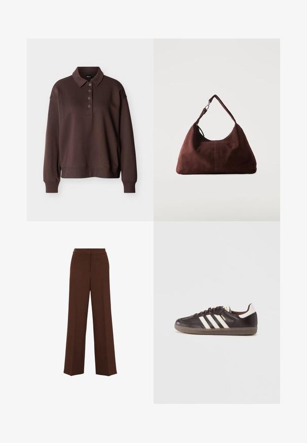 Brun langærmet poloshirt med fire knapper, ribstrikkede ærmeender og ribstrikket kant mod en ensfarvet hvid baggrund.; Brune bredbenede bukser med en glat overflade, der har en struktureret talje og subtile plisseringer, der løber ned langs forsiden.; Mørkebrune lædersneakers med hvidt tre-stribet design, en gummisål og "Samba" i gyldne bogstaver på siden. Klassisk lavtopform.; Blød brun ruskind skuldertaske med en enkelt rem og sølvfarvet metal hardware på en ensartet lys baggrund.