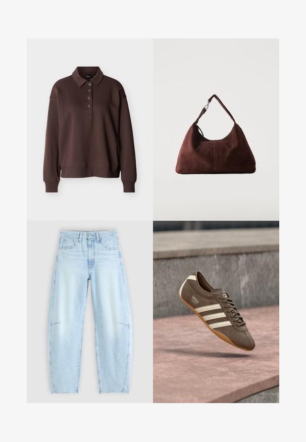 Bruine lange mouwen polo met vier knopen, geribbelde manchetten en een geribbelde zoom tegen een effen witte achtergrond.; Lichtblauwe denimjeans met een ontspannen pasvorm, voorzien van een hoge taille, vijf-pocketontwerp en subtiele vervaging met rafelige zoomdetails.; Bruine suède sneaker met witte strepen en merklogo's, voorzien van een ronde neus en een zool van tandgumrubber, zwevend boven een getextureerd oppervlak.; Zachte bruine suède schoudertas met een enkele riem en zilverkleurige metalen accenten op een effen lichte achtergrond.
