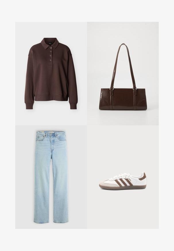 Braunes Langarm-Poloshirt mit vier Knöpfen, gerippten Bündchen und einem gerippten Saum vor einem schlichten weißen Hintergrund.; Hellblaue Jeans aus Denim mit geradem Bein, ausgestattet mit fünf Taschen, einem klassischen Reißverschluss und sichtbaren Nähthighlights.; Weißer Adidas Samba Sneaker mit braunen Wildlederstreifen, brauner Gummisohle und beiger Wildlederkappe, von der Außenseite auf schlichtem Hintergrund gezeigt.; Braune Lackleder-Handtasche in rechteckiger Form, mit zwei langen Griffen und subtilen, geschwungenen Akzenten auf der Vorderseite.