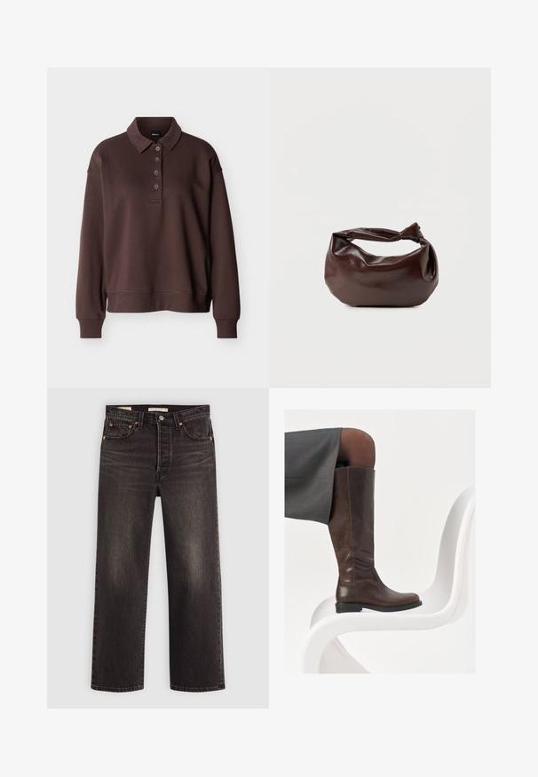 Braunes Langarm-Poloshirt mit vier Knöpfen, gerippten Bündchen und einem gerippten Saum vor einem schlichten weißen Hintergrund.; Schwarze Jeans aus Denim mit geradem Bein. Verfügt über kupferne Nieten und Taschen. Glatte Textur und leicht verwaschene Optik.; Braune Lederstiefel bis zum Knie mit abgerundeter Spitze, glatter Oberfläche und minimalen Nähten, vor einem hellen Hintergrund auf einem weißen Stuhl.; Dunkelbraune Lederschultertasche mit weicher, lockerer Form und einem gedrehten Knotengriff vor schlichtem weißem Hintergrund.
