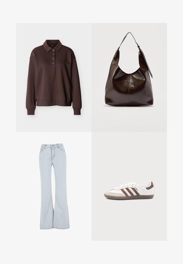 Brun langærmet poloshirt med fire knapper, ribstrikkede ærmeender og ribstrikket kant mod en ensfarvet hvid baggrund.; Lyseblå udsvingende jeans lavet af denim med høj talje, fem lommer og kontrasterende syninger langs sømmene.; Hvid Adidas Samba sneaker med brune ruskindstriber, brun gummisål og beige ruskindståhætte, vist fra ydersiden på en ensfarvet baggrund.; Mørkebrunt, skinnende læder skuldertaske med en enkelt bred rem og spændedetalje på den ene side, sat mod en ensartet lys baggrund.