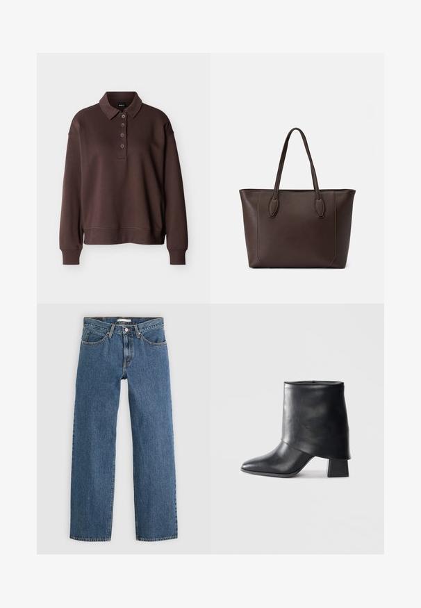 Brun langærmet poloshirt med fire knapper, ribstrikkede ærmeender og ribstrikket kant mod en ensfarvet hvid baggrund.; Blå denim jeans med lige pasform, der har fem lommer, knaplukning og kontrastsyninger langs sømmene.; Sort læder ankelstøvle med spids tå, glat tekstur og en struktureret blokhæl. Har et højt, foldet kravedesign.; Brun læder tote taske med to top hændler, rektangulær form, minimalistisk design og syning detalje langs kanterne.
