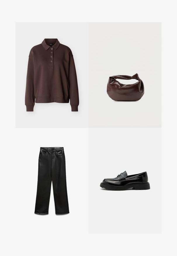 Braunes Langarm-Poloshirt mit vier Knöpfen, gerippten Bündchen und einem gerippten Saum vor einem schlichten weißen Hintergrund.; Schwarze weite Hose aus Kunstleder mit Fronttaschen, Gürtelschlaufen und dezentem Glanz. Glatte Textur und maßgeschneiderte Passform.; Schwarzer glänzender Lederloafer mit grober Sohle und dekorativem Riemen über dem Spann, vor schlichtem hellgrauem Hintergrund.; Dunkelbraune Lederschultertasche mit weicher, lockerer Form und einem gedrehten Knotengriff vor schlichtem weißem Hintergrund.