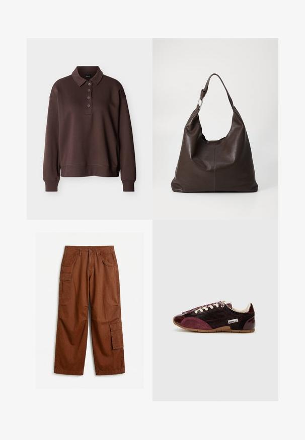 Polo marron à manches longues avec quatre boutons, poignets côtelés et ourlet côtelé sur un fond blanc uni.; Pantalon cargo marron à jambes droites avec fermeture à bouton, poches latérales à rabat et poches avant en biais, étalé à plat sur une surface blanche.; Baskets bordeaux et bourgogne avec un bout en cuir verni lisse, des côtés en daim, des lacets texturés et un intérieur en crème rembourré. Semelle en caoutchouc.; Zign by Zalando LEATHER - Cabas - chocolate brown