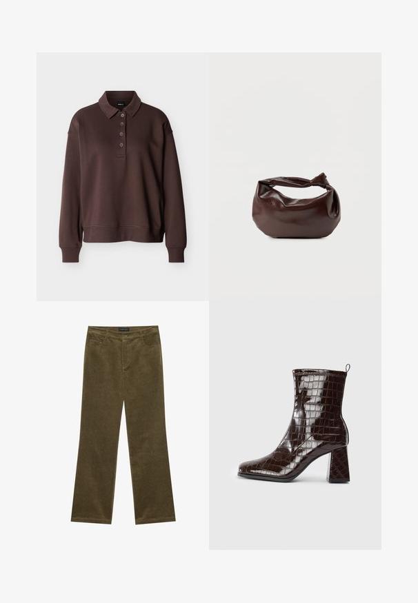 Brun langærmet poloshirt med fire knapper, ribstrikkede ærmeender og ribstrikket kant mod en ensfarvet hvid baggrund.; Olivengrønne fløjl bukser med flared ben, fem lommer, synlig syning og knaplukning i taljen for en sikker pasform.; Mørkebrun patentlæder ankelstøvle med krokodillemønster, blokhæl og trækstrop bagpå mod hvid baggrund.; Mørkebrun læder skuldertaske med en blød, afslappet form og et snoet knudehåndtag på en ensartet hvid baggrund.