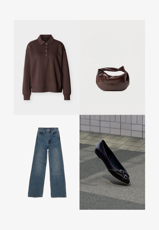 Camisa tipo polo marrón de manga larga con cuatro botones, puños acanalados y un dobladillo acanalado sobre un fondo blanco liso.; Jeans de mezclilla azul de pierna ancha con cintura alta, cinco bolsillos y costuras en contraste. Desvanecimientos y ligerasImperfecciones visibles en la tela.; Bailarina plana negra con punta puntiaguda y dos pequeñas hebillas plateadas flotando sobre asfalto cerca de una pared de azulejos.; Bolso de hombro de cuero marrón oscuro con una forma suave y caída, y un asa con nudo torcido sobre un fondo blanco liso.