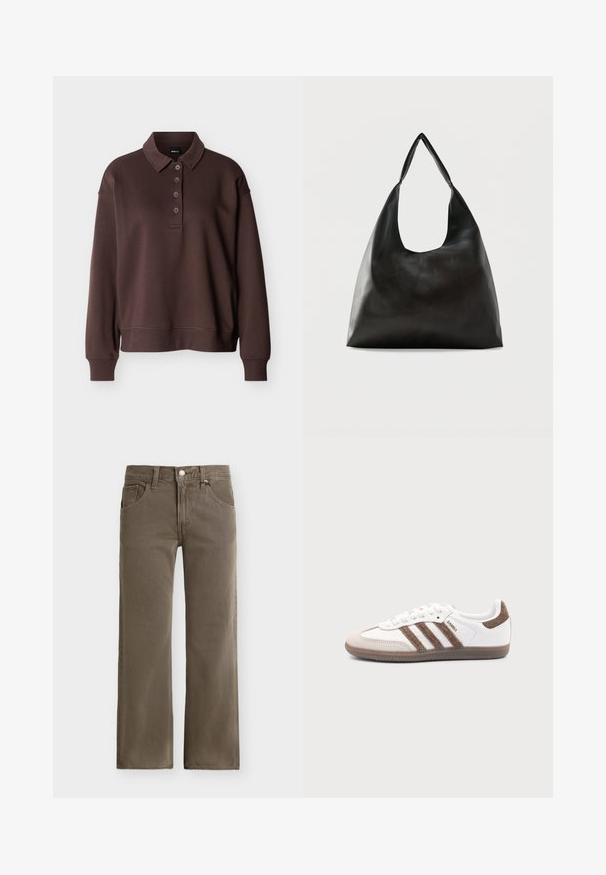 Polo marron à manches longues avec quatre boutons, poignets côtelés et ourlet côtelé sur un fond blanc uni.; Jean en denim marron à jambes droites avec fermeture avant à boutons et fermeture éclair, passants pour ceinture, et poches avant sur un fond uni.; Baskets Adidas Samba blanches avec des bandes en daim marron, semelle en caoutchouc marron et bout en daim beige, vues du côté extérieur sur un fond uni.; Sac bandoulière en cuir noir lisse avec une large sangle unique et un design décontracté et minimaliste sur un fond uni.