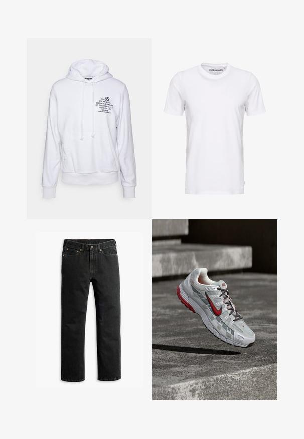 Diesel GINN HOOD - Sweater - hayt; Witte korte mouwen t-shirt van katoen, met een ronde hals en een eenvoudig ontwerp. Merktag zichtbaar op het nekgebied. Geen patronen of accenten.; Zwarte rechte spijkerbroek met vijf zakken, riemlussen en een knoopsluiting in de taille, plat gelegd op een witte achtergrond.; Witte en grijze Nike hardloopschoen met rode accenten en zwarte veters, hangend boven grijze betonnen treden.