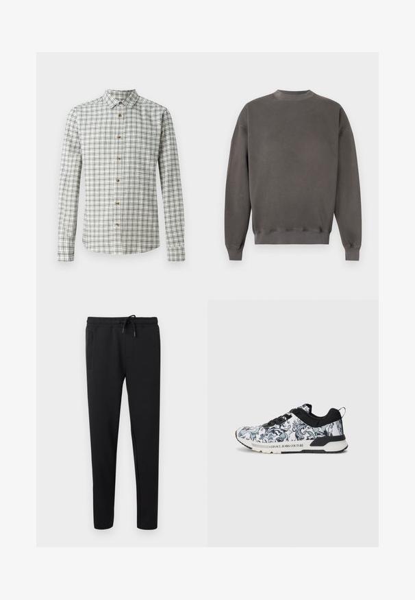 Schlichter dunkelgrauer Langarm-Sweatshirt mit geripptem Rundhalsausschnitt, Bündchen und Saum, dargestellt auf weißem Hintergrund.; Langärmliges kariertes Hemd in Weiß und Marineblau, mit einem Knopfkragen und Holzknöpfen, ganz in einem karierten Muster.; Schwarze, eng anliegende Jogginghose mit elastischem Bund, Kordelzug und seitlichen Taschen, präsentiert auf einem einfarbigen hellen Hintergrund.; Sport Schuh mit einem bunten Blumenmuster in Blau und Weiß, schwarzen Akzenten, einem Obermaterial aus Mesh und einer Gummisohle mit Logo-Details.