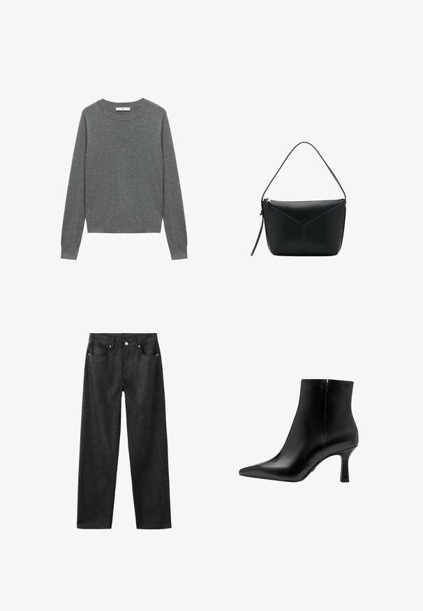 Grauer Langarm-Pullover aus weichem Strickstoff. Mit Rundhalsausschnitt, gerippten Bündchen und Saum sowie lockerer Passform. Keine sichtbaren Muster oder Akzente.; Schwarze Jeans mit geradem Bein, fünf Taschen, silberner Hardware und glatter Textur.; Schwarze Leder-Stiefelette mit spitzer Zehe, hohem Stiletto-Absatz, glatter Textur und minimalistischem Design. Verfügt über einen Reißverschluss auf der Rückseite.; Schwarze Leder-Schultertasche mit schmalem Riemen, goldfarbenem Reißverschluss und dezentem Steppmuster, das auf der Vorderseite ein dreieckiges Design bildet.