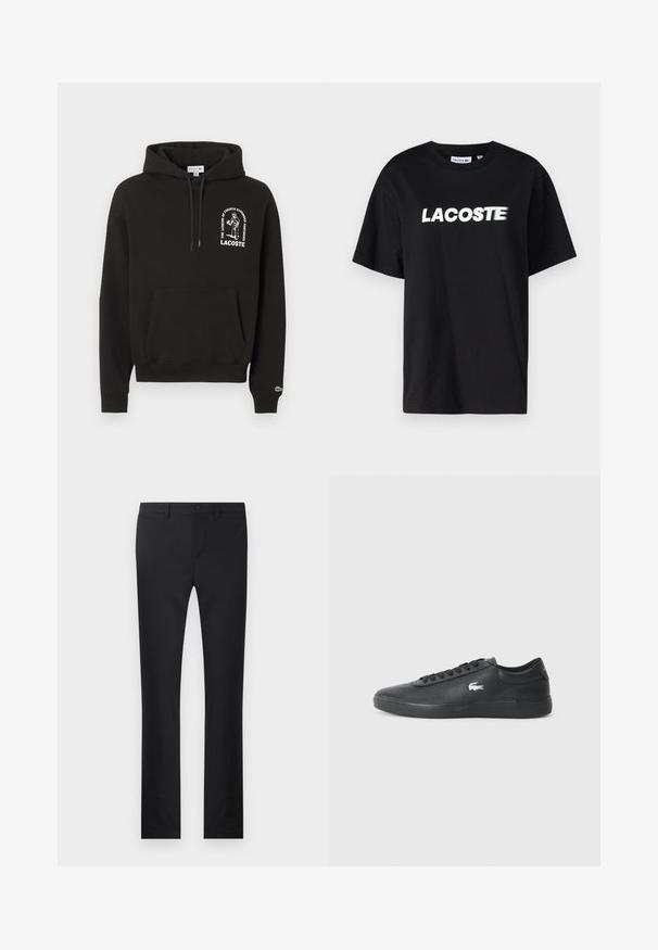 Zwarte capuchontrui met voorzak, witte afbeelding en tekst "The Legend of French Elegance Continues" boven het Lacoste-logo op de borst.; Zwart katoenen T-shirt met een witte opdruk van het "LACOSTE"-logo op de voorkant. Korte mouwen en een ronde halslijn. Klassieke ontspannen pasvorm.; Zwarte broek met een rechtlopende pasvorm, gemaakt van soepel materiaal. Voorzien van zakken aan de voorkant, een knoopsluiting en riemlussen.; Zwarte leren sneaker met ronde neus, platte zool en wit logo aan de zijkant. Beschikt over zwarte veters en een gladde, matte afwerking.