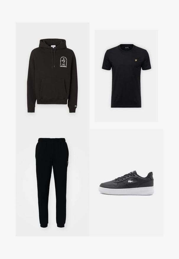 Sort hættetrøje med frontlomme, hvidt grafik og tekst "The Legend of French Elegance Continues" over Lacoste-logoet på brystet.; Sort bomulds t-shirt med rund hals og korte ærmer, prydet med et lille gult ørne-logo på venstre bryst. Enkel design.; Sorte sweatpants med elastisk talje og manchetter. Fremstillet af blødt stof med et lille logo på den øverste venstre side.; Sorte lædersneakers med en hvid gummisål, der har en struktureret finish, snørebånd foran og et fremtrædende broderet logo.