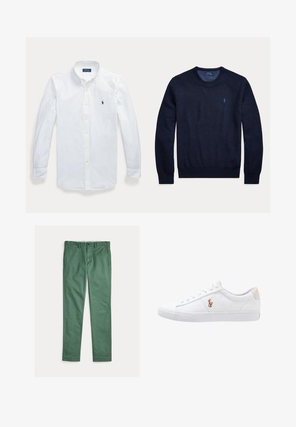 Marineblå langærmet crewneck sweater med tekstureret strik og lille broderet Polo Ralph Lauren-logo på venstre bryst.; Hvid langærmet skjorte med knapper og krave, Polo Ralph Lauren-logo broderet på venstre bryst.; Grønne herrebukser med lige ben, forlommer, bæltestropper og knaplukning, vist fladt på en hvid baggrund.; Hvide kanvas sneakers med lågtop design, prydet med en beige hælkappe og et lille broderet logo på siden. Gummisål.