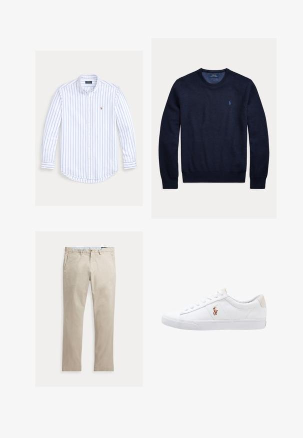 Tmavomodrý dlhý rukáv s okrúhlym výstrihom, textúrovaným úpletom a malým vyšívaným logom Polo Ralph Lauren na ľavej strane hrudníka.; Košeľa s dlhým rukávom na gombíky, s bledomodrými zvislými pruhmi a malým vyšívaným logom na ľavej strane hrude.; Béžové rovné bavlnené nohavice s prednými vreckami, pútkami na opasok, zapínaním na gombík a zipsom, zobrazené položené na bielom pozadí.; Biele plátenné tenisky s nízkym strihom, ktoré majú béžový opasok na päte a malé vyšívané logo na boku. Gumová podrážka.