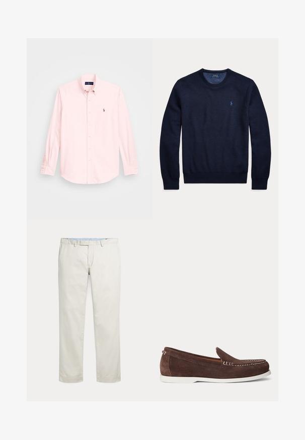 Marineblauwe trui met lange mouwen en ronde hals, met getextureerde brei en klein geborduurd Polo Ralph Lauren-logo op de linkerborst.; Lichtroze overhemd met lange mouwen en een button-down kraag, voorzien van een klein geborduurd logo op de linkerborst, gemaakt van een soepele katoenstof.; Rechte broeken in roomkleur met riemlussen en een verborgen voorsluiting op een effen achtergrond.; Bruine suède loafer met witte stiksel en witte rubberen zool, gezien van de zijkant op een lichte achtergrond.