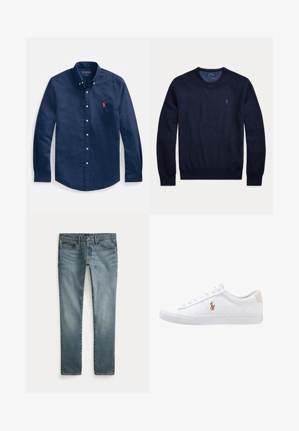 Tmavomodrý dlhý rukáv s okrúhlym výstrihom, textúrovaným úpletom a malým vyšívaným logom Polo Ralph Lauren na ľavej strane hrudníka.; Tmavomodrá bavlnená košeľa na gombíky s špicatým golierom, dlhými rukávmi a malým červeným vyšívaným logom na hrudi.; Modré džínsové nohavice s rovnými nohavicami, prednými vreckami, pútkami na opasok a zapínaním na gombíky.; Biele plátenné tenisky s nízkym strihom, ktoré majú béžový opasok na päte a malé vyšívané logo na boku. Gumová podrážka.