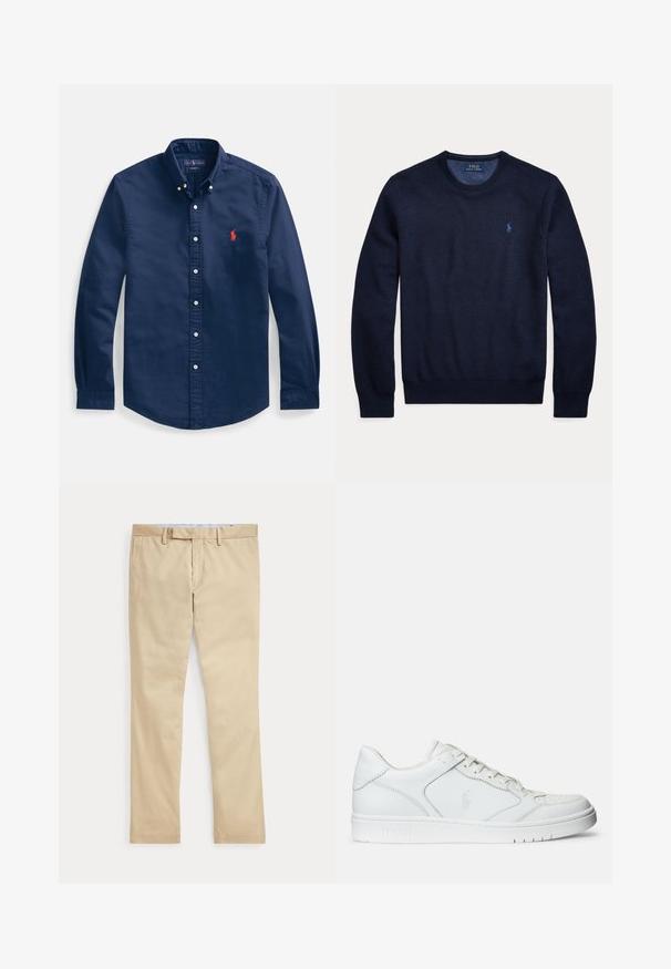 Marineblauwe trui met lange mouwen en ronde hals, met getextureerde brei en klein geborduurd Polo Ralph Lauren-logo op de linkerborst.; Marineblauw katoenen overhemd met knopen, voorzien van een puntige kraag, lange mouwen en een klein rood geborduurd logo op de borst.; Beige broek met rechte pijpen, ceintuurlussen en een voorrits, plat gelegd tegen een witte achtergrond.; Witte leren sneaker met een gladde textuur, voorzien van een geperforeerde neus, vetersluiting en geborduurde logo aan de zijkant. Witte rubberen zool.
