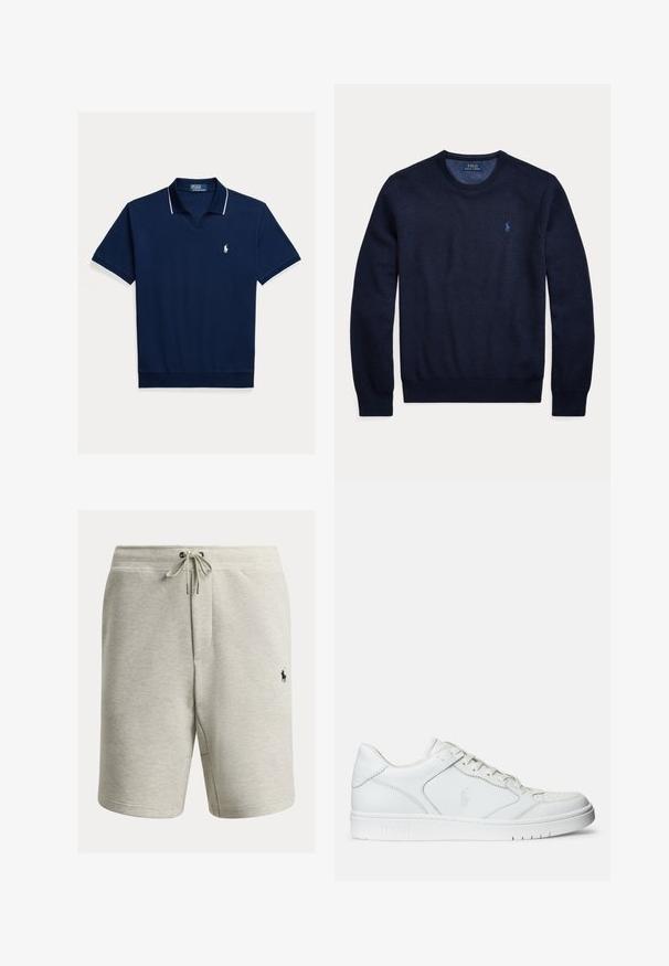 Tumesinine pika varrukaga ümar kaelusega kampsun tekstuurse kudumismustriga ja väikese heegeldatud Polo Ralph Laureni logoga vasakul rinnal.; Tumesinine polo-särk, mis on valmistatud puuvillast, V-kaelusega, lühikeste varrukatega, valge äärega krae ja varrukate ümber ning väike logo rinnal.; Heledad hallid lühikesed püksid, valmistatud pehmest kangast, millel on elastne vöökoht nööriga, küljetaskud ja vasakul jalal väike must logo.; Valged nahast spordijalatsid siledast materjalist, millel on ventilatsiooniga varvas, paelad ja kõrvale brodeeritud logo. Valge kummitald.
