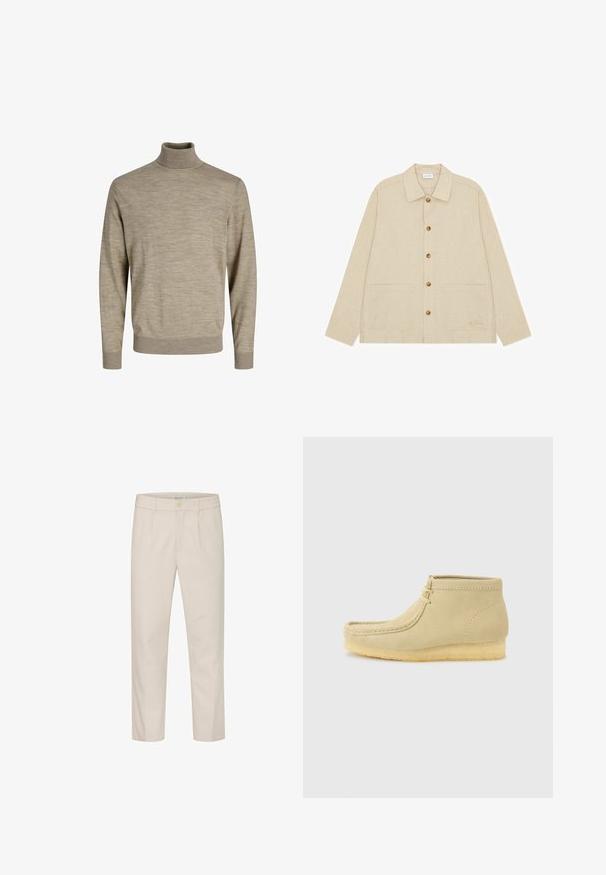 Pull en col roulé beige en maille douce. Il présente des manches longues, des poignets et un ourlet côtelés, avec une texture lisse et un motif ton sur ton subtil.; Veste beige à manches longues, boutonnée, avec col et deux poches plaquées sur le devant, boutons marron et texture subtile.; Pantalon beige en tissu texturé avec une coupe droite, doté d'une fermeture à bouton à l'avant et de poches latérales.; Mocassin beige en daim montant à la cheville avec semelle en crêpe et devant à lacets, sur un fond gris clair uni.