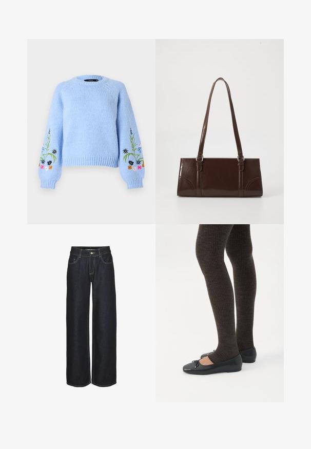Lyseblå strikket sweater med rund hals, ribbede manchetter og blomsterbroderi på ærmer i forskellige farver. Blød tekstur.; Mørkeblå lige ben jeans med frontlommer, bæltestropper og gule kontrastsyninger, vist på en hvid baggrund.; Ben iført mørke ribbede leggings kombineret med sorte balletsko med små sløjfedetaljer på hvid baggrund.; Brun lakeret håndtaske med rektangulær form, to lange håndtag og subtile buede detaljer på fronten.