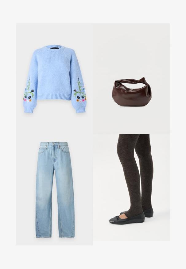 Pull tricoté bleu clair avec encolure ronde, poignets côtelés et broderie florale multicolore sur les manches. Texture douce.; Jean en denim bleu clair avec une coupe droite, cinq poches et une fermeture éclair. Présente des coutures visibles et des accents en métal.; Jambes portant des leggings côtelés foncés associés à des ballerines noires avec de petits détails en nœud sur fond blanc.; Sac bandoulière en cuir marron foncé avec une forme souple et décontractée et une anse nouée torsadée sur un fond blanc uni.