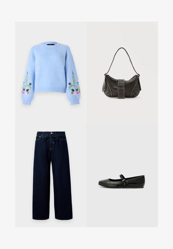 Lichtblauwe gebreide trui met een ronde hals, geribbelde manchetten en bloemrijke borduursels op de mouwen in verschillende kleuren. Zachte textuur.; Donkerblauwe wijde jeans van denim, met een sluiting met knoppen aan de voorkant en een trekkoord in de taille, versierd met contrasterende stikdetails.; Zwarte leren balletschoenen met een ronde neus, een platte zool en een dunne verstelbare band over de wreef met een metalen gesp.; Zwarte leren schoudertas met gespsluiting aan de riem, afgeronde hoeken en contrasterende witte stiksels op een effen achtergrond.