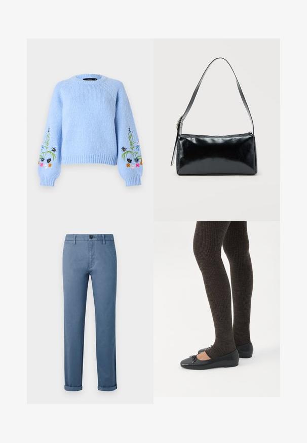 Pull tricoté bleu clair avec encolure ronde, poignets côtelés et broderie florale multicolore sur les manches. Texture douce.; Pantalons casual bleus avec fermeture à bouton, passants de ceinture, poches latérales et poignets aux chevilles sur fond blanc.; Jambes portant des leggings côtelés foncés associés à des ballerines noires avec de petits détails en nœud sur fond blanc.; Sac d'épaule rectangulaire noir avec une sangle réglable unique et une fermeture éclair supérieure sur un fond uni.