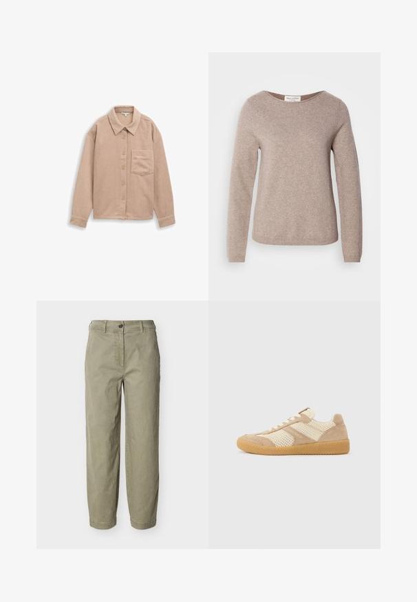 Marc O'Polo LONGSLEEVE ROUND NECK - Striktrøje - shaded brown melange; Beige corduroy skjortejakke med krave, fem-knaps lukning og en enkelt brystlomme. Blød tekstur med lodret ribb.; Lyse khaki bukser med lige ben, bæltestropper, knaplukning og lynlås, vist på en ensfarvet baggrund.; Beige og cremefarvet lavtop-sneaker med mesh- og ruskindspaneler, hvide snørebånd og en sål af gummigummi, set fra siden på en ensfarvet baggrund.