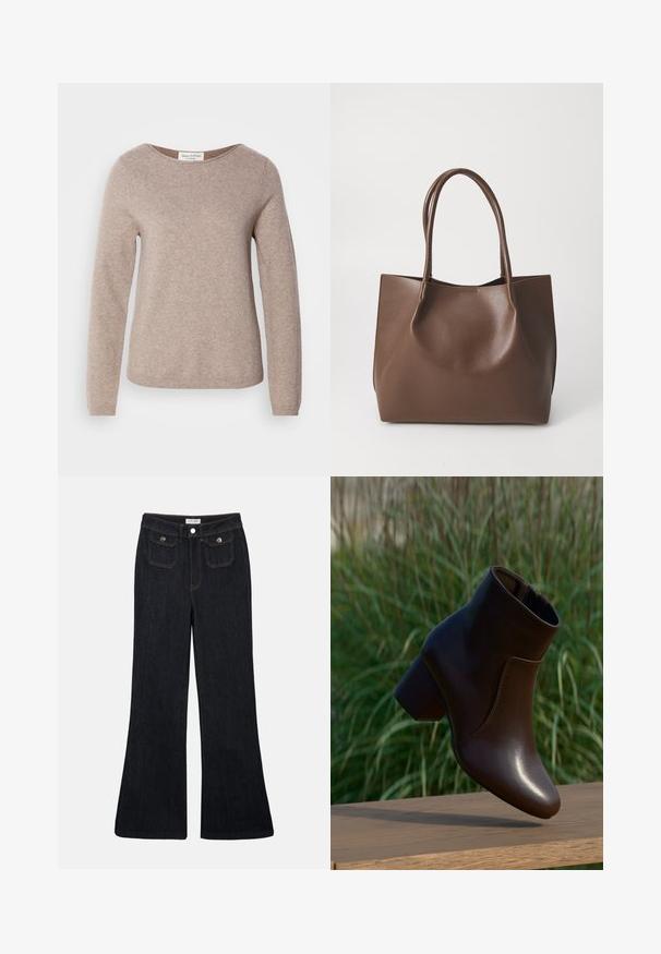 Marc O'Polo LONGSLEEVE ROUND NECK - Striktrøje - shaded brown melange; Sorte denim jeans med høj talje, flared ben, to frontlommer og orange syninger. Materialet ser solidt og glat ud.; Mørkebrune læderankelstøvler med blokhæl svævende over en træoverflade med grøn sløret græsbaggrund.; Brun læder tote taske med to lange håndtag, struktureret form, glat tekstur og minimalistisk design. Ingen synligt hardware eller accenter.