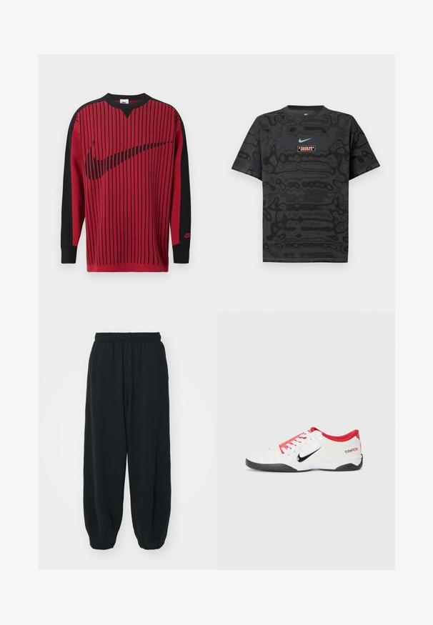 Roter Strick-Sweatshirt mit schwarzen vertikalen Streifen, schwarzen Ärmeln und einem schwarzen Nike-Logo. Verfügt über einen Rundhalsausschnitt und gerippte Bündchen.; Schwarzes T-Shirt mit einem strukturierten Muster, versehen mit einem kleinen Nike-Logo in Hellblau und einem rechteckigen Logopatch in kontrastierenden Farben.; Schwarze Sweatpants mit elastischem Bund, lockerer Passform, gerippten Beinabschlüssen, glatter Textur und ohne sichtbare Muster oder Hardware-Akzente.; Weißer Sportschuh mit roten Akzenten, schwarzem Swoosh-Logo und strukturiertem Design. Mit weißen Schnürsenkeln und schwarzem Außensohle. Text lautet "total90."