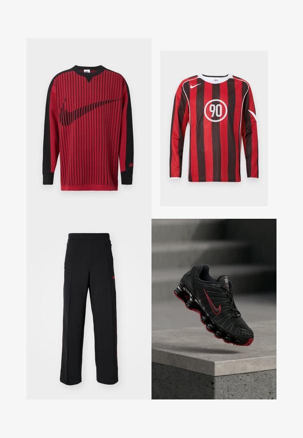 Punainen neulottu collegepaita, jossa on mustat pystysuorat raidat, mustat hihat ja musta Nike-logo. Siinä on pyöreä kaula-aukko ja resorit hihansuissa.; Pitkähiha varuste jalkapalloille, jossa on vuorottelevat punaiset ja mustat pystysuorat raidat, valkoiset yksityiskohdat, pyöreä logo "90" ja klassinen pyöreä kaulus.; Mustat collegehousut, joissa on löysä malli, punaisilla yksityiskohdilla ja sivutaskuilla. Materiaali näyttää pehmeältä ja sileältä.; Musta ja punainen Nike-urheilukenkä näkyvällä jousimaisella pohjallisella, tasapainottelee betonisen portaan reunalla.
