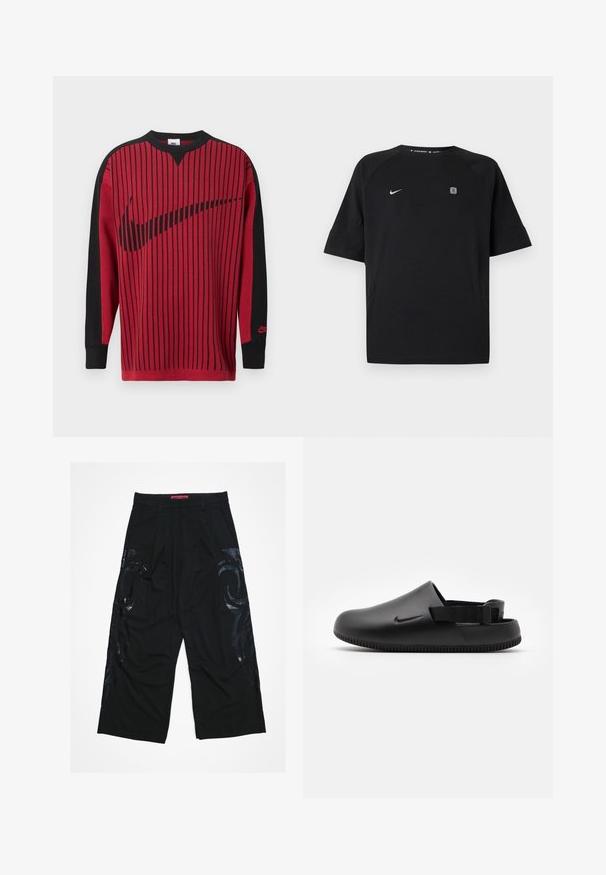 Punane kootud dressipluus mustade vertikaalsete triipude, mustade varrukate ja musta Nike logoga. Omadused: ümara kaelusega ja soonikkoes varrukasäärtega.; Must Nike lühikeste varrukatega spordisärk valge kaarelogoga vasakul rinnal ja väike ruudukujuline embleem paremal rinnal, ühevärviline taust.; Mustad laia säärega püksid volditud eesosaga, mille külgedel on läikivad mustad hõimemustrid ja punane brändiga vöökoht.; Mustad mustade plätud, millel on sile pind, taga rihm stabiilsuse tagamiseks ja soonikuline põhjas libisemise vältimiseks. Küljel on väike logo.