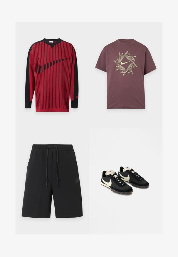 Sweatshirt en maille rouge avec des rayures verticales noires, des manches noires et un logo Nike noir. Dispose d'un col rond et de poignets côtelés.; T-shirt à manches courtes bordeaux avec un design abstrait circulaire pointu en jaune néon et un logo swoosh central sur la poitrine.; Shorts de sport noirs Nike avec taille élastique, cordon de serrage, poches latérales et logo discret sur la cuisse gauche.; Chaussures de sport noires avec une tige texturée, logo swoosh blanc et semelle en caoutchouc dotée de petits crampons pour une meilleure traction. Col de couleur crème.