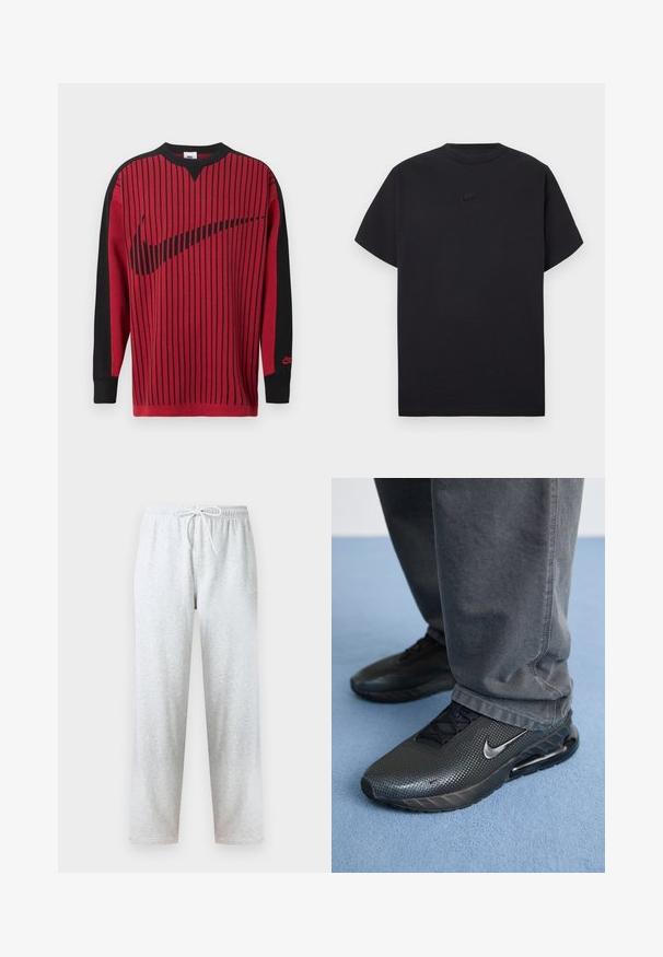 Sweatshirt en maille rouge avec des rayures verticales noires, des manches noires et un logo Nike noir. Dispose d'un col rond et de poignets côtelés.; T-shirt noir à manches courtes Nike avec col ras du cou et petit logo Nike noir centré sur la poitrine.; Pantalon de survêtement gris en tissu doux, avec une taille élastique et un cordon de serrage, jambes droites. Aucun motif ni accent visible.; Des chaussures de sport Nike noires avec un dessus texturé, des détails perforés et une unité de coussin d'air visible, associées à un pantalon gris.