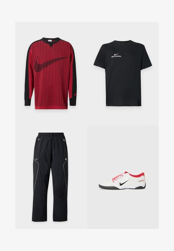 Roter Strick-Sweatshirt mit schwarzen vertikalen Streifen, schwarzen Ärmeln und einem schwarzen Nike-Logo. Verfügt über einen Rundhalsausschnitt und gerippte Bündchen.; Schwarzes Baumwoll-T-Shirt mit rundem Halsausschnitt. Vorderseite mit weißem Nike-Logo und dem Schriftzug "NIKE OFFICIAL". Kurze Ärmel.; Schwarze Nike-Sporthose mit elastischem Bund, Kordelzug, seitlichen Reißverschlusstaschen und weißen reflektierenden Paspelierungen an den Beinen.; Weißer Sportschuh mit roten Akzenten, schwarzem Swoosh-Logo und strukturiertem Design. Mit weißen Schnürsenkeln und schwarzem Außensohle. Text lautet "total90."