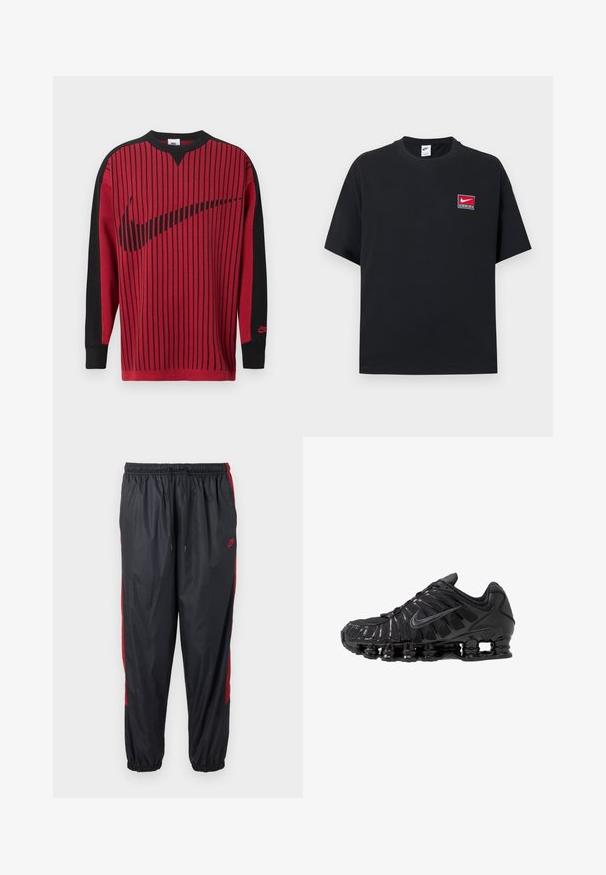 Rode gebreide sweatshirt met zwarte verticale strepen, zwarte mouwen en een zwart Nike-logo. Heeft een ronde hals en geribbelde boorden.; Zwart Nike T-shirt met korte mouwen en ronde hals, met een klein rood-wit Nike-logo op de linkerborst.; Zwarte Nike hardloopbroek met rode zijkstrepen, elastische tailleband met trekkoord en elastische boorden.; Zwarte sportschoenen gemaakt van mesh en synthetische materialen, met een opvallend golvend ontwerp, zwarte rubberen zool en reflecterende accenten.